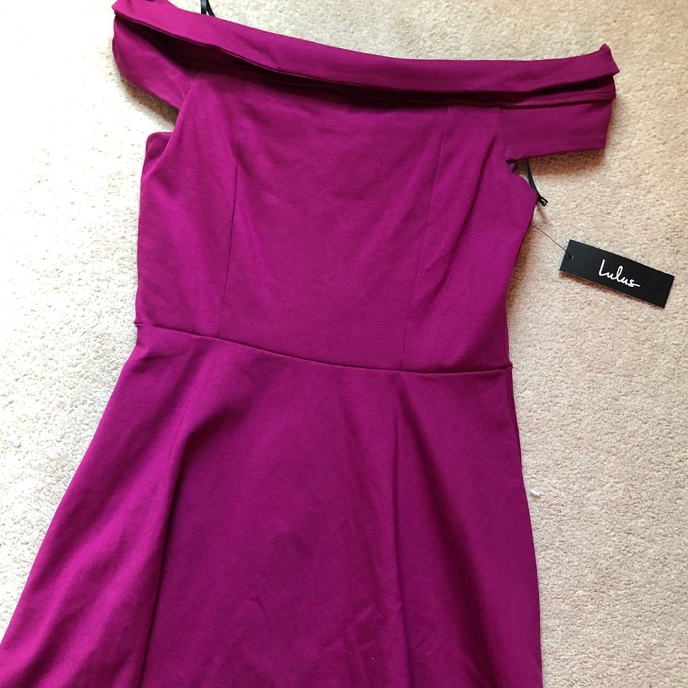 Lulu’s dress-Off the Shoulder, Fit & Flare Fuchsia